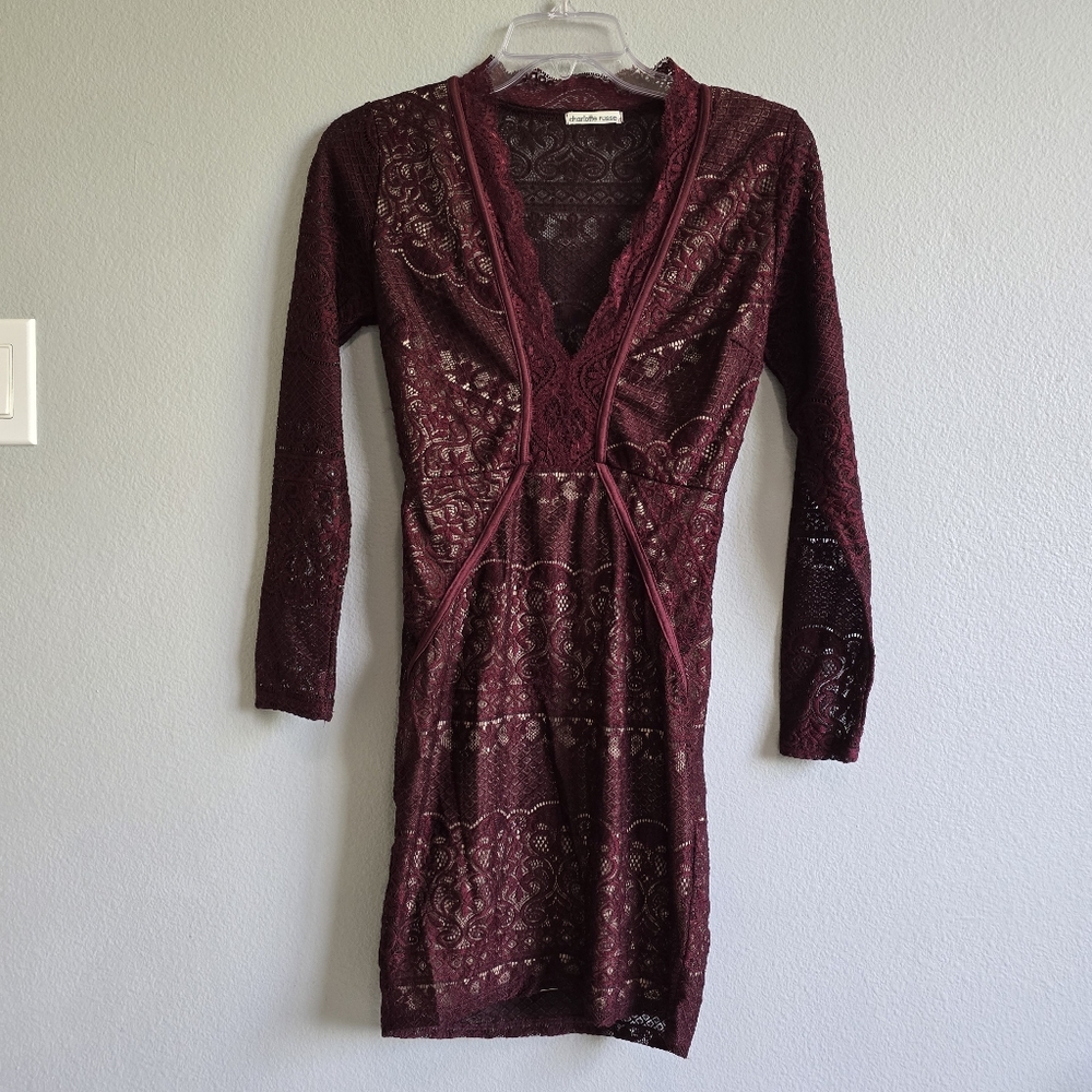 Charlotte Russe Burgundy Red V Neck long sleeves Lace Bodycon Dress size XS
